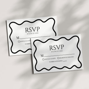Black White Elegant Wavy Border Wedding RSVP Card
