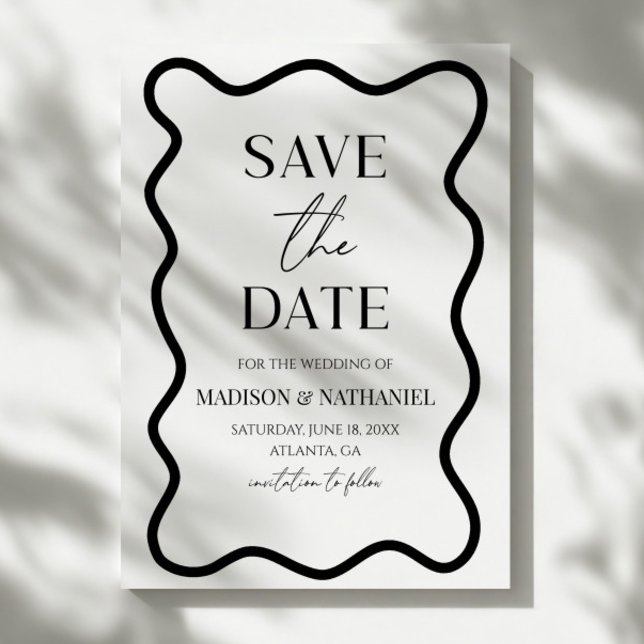 Black White Elegant Wavy Border Wedding Save The Date (Creator Uploaded)