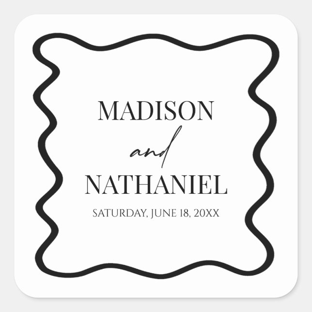 Black White Elegant Wavy Border Wedding Square Sticker (Front)