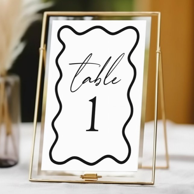 Black White Elegant Wavy Border Wedding Table Number (Creator Uploaded)