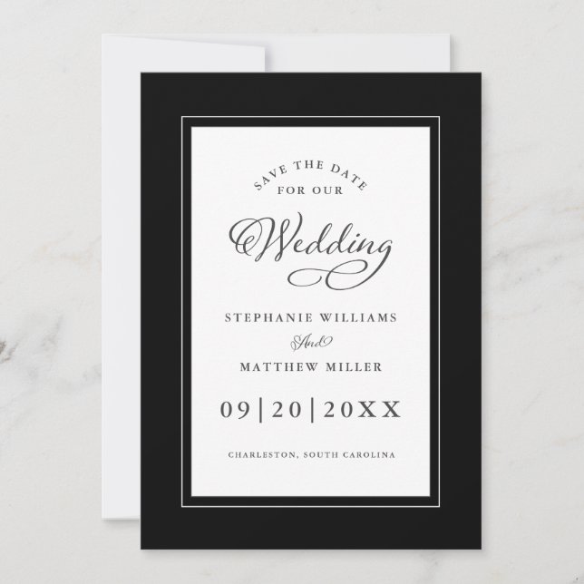 Black White Elegant Wedding Chic Script Border Save The Date (Front)