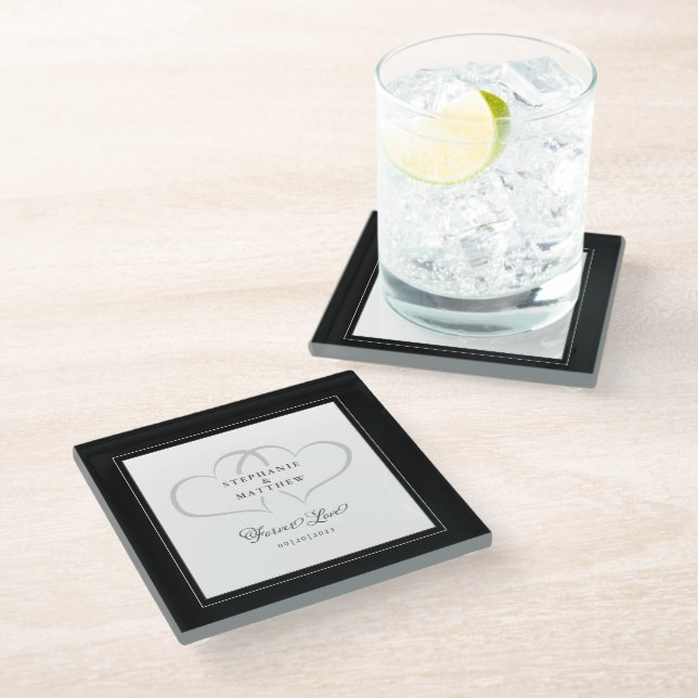 Black & White Elegant Wedding Hearts Forever Love Glass Coaster (Angled)