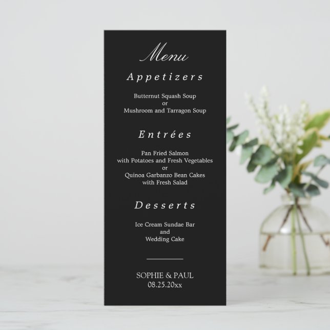 Black White Elegant Wedding Menu (Standing Front)
