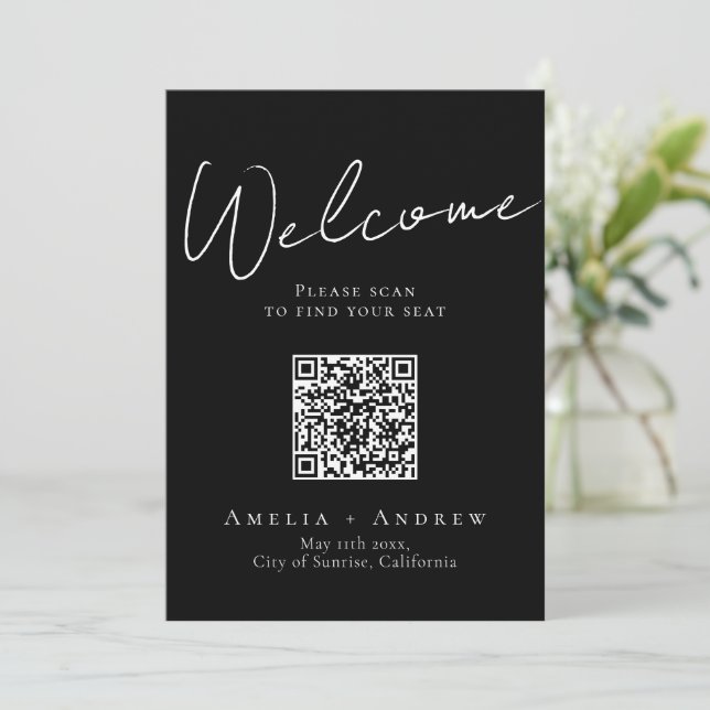 Black White Elegant Wedding QR Code Seating Chart (Standing Front)