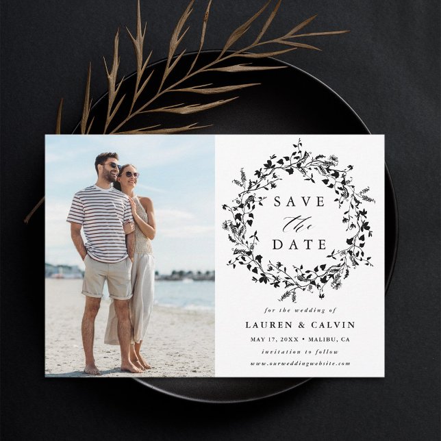 Black & White Elegant Wildflower Wedding Photo Save The Date (Creator Uploaded)