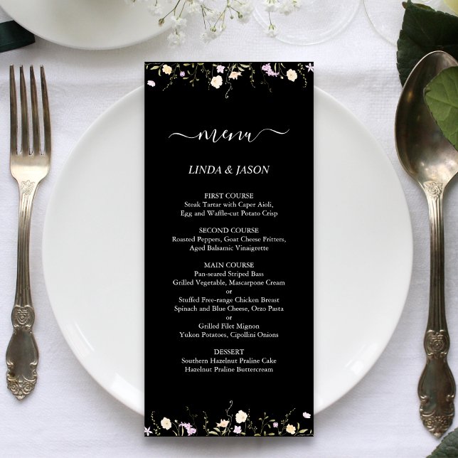Black & White Elegant Wildflowers Floral Wedding Menu (Creator Uploaded)