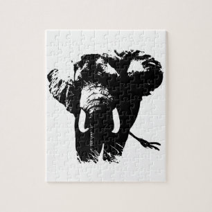 Black White Elephant Animal Illustration Painting Jigsaw Puzzle