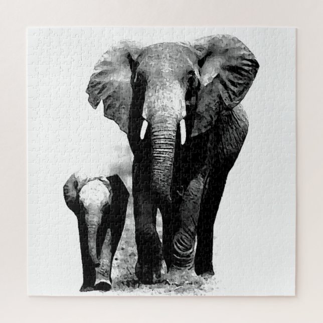Black & White Elephant & Baby - Animals Art Jigsaw Puzzle (Vertical)