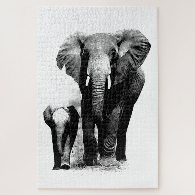 Black & White Elephant & Baby - Animals Art Jigsaw Puzzle (Vertical)