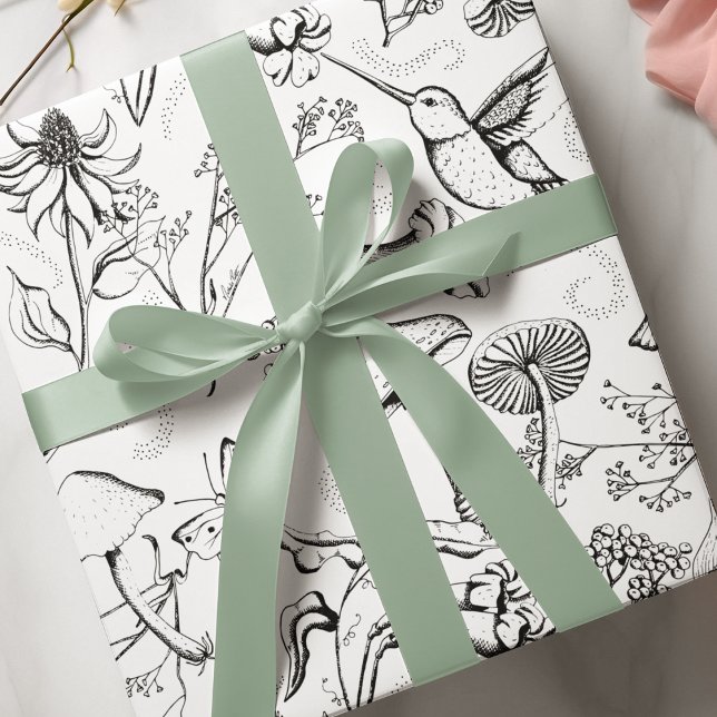 Black & White Enchanted Garden Hummingbird Floral Wrapping Paper (Black & White enchanted garden: cute hummingbird, mushrooms, wildflowers and fairy vibe swirls. )