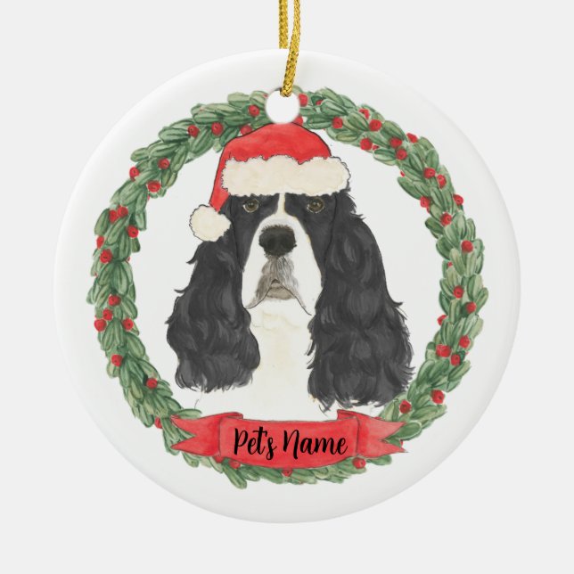 Black & White English Springer Spaniel Ceramic Tree Decoration (Front)