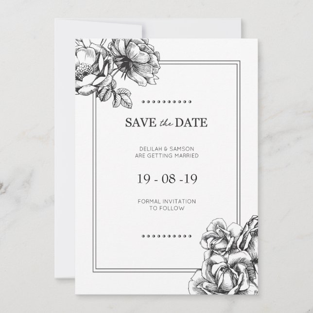 Black & White Etched Floral Wedding Save the Dates Invitation (Front)