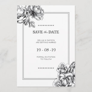 Black & White Etched Floral Wedding Save the Dates Invitation