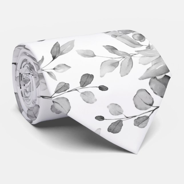 Black & White Eucalyptus Greenery Wedding Neck Tie (Rolled)