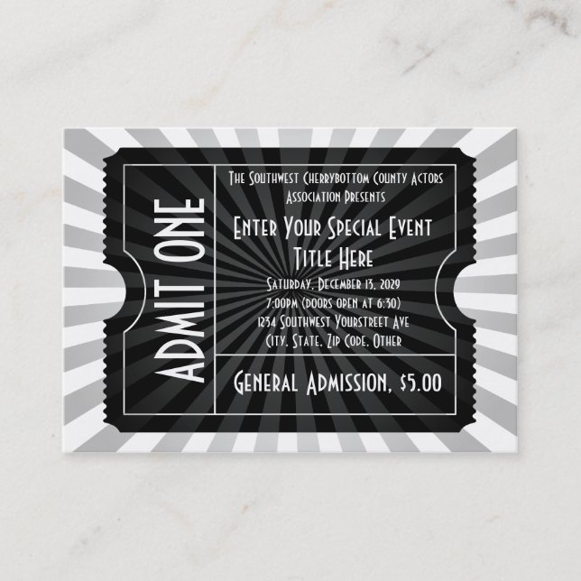 Black + White Event Ticket, Lg Business Card Size (Front)