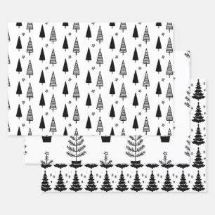 BLACK & WHITE EVERGREEN TREES PATTERN WRAPPING PAPER SHEET