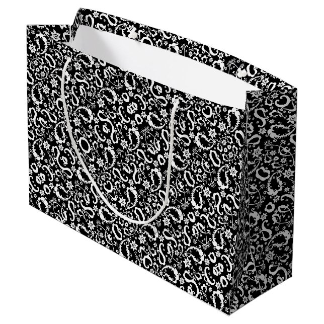 black white exquisite indian pattern large gift bag (Back Angled)