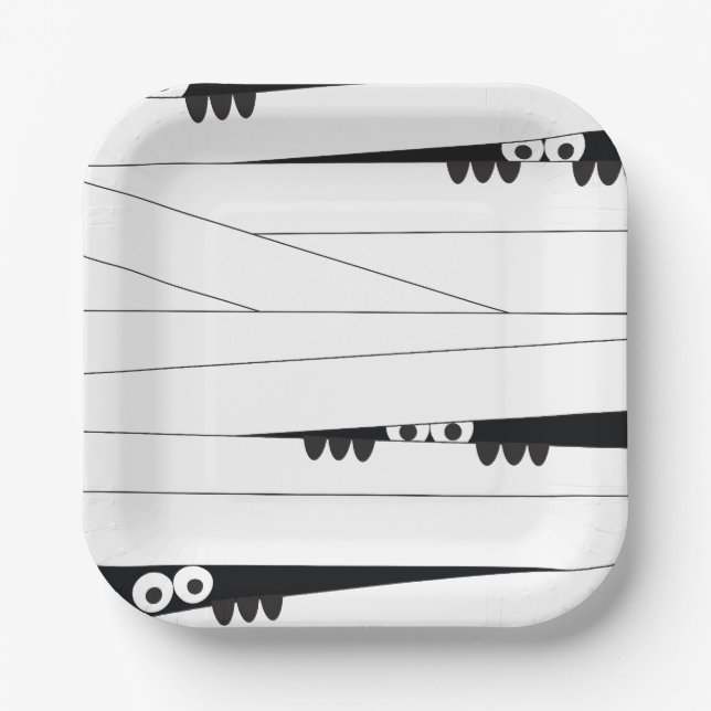 Black White Eyes Peeking Mummy Halloween Paper Plate (Front)