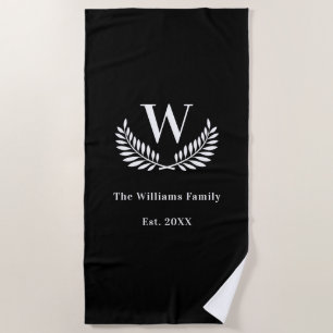 Black white family monogram initial classic beach towel