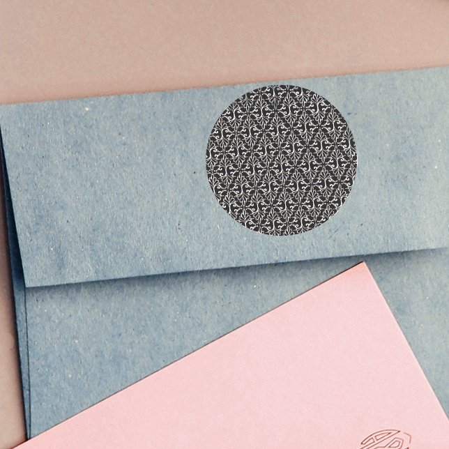 Black White Fancy Scrolls in Diamond Pattern Classic Round Sticker (Classy damask abstract pattern with scrolls in black and white on stickers.)