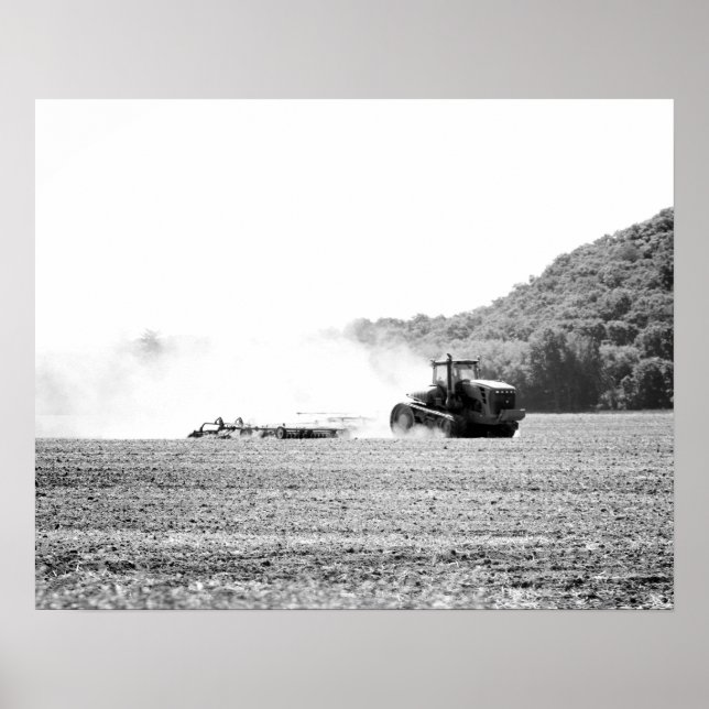 Black & White Farm Tractor Working a Field 16x20 Poster (Front)
