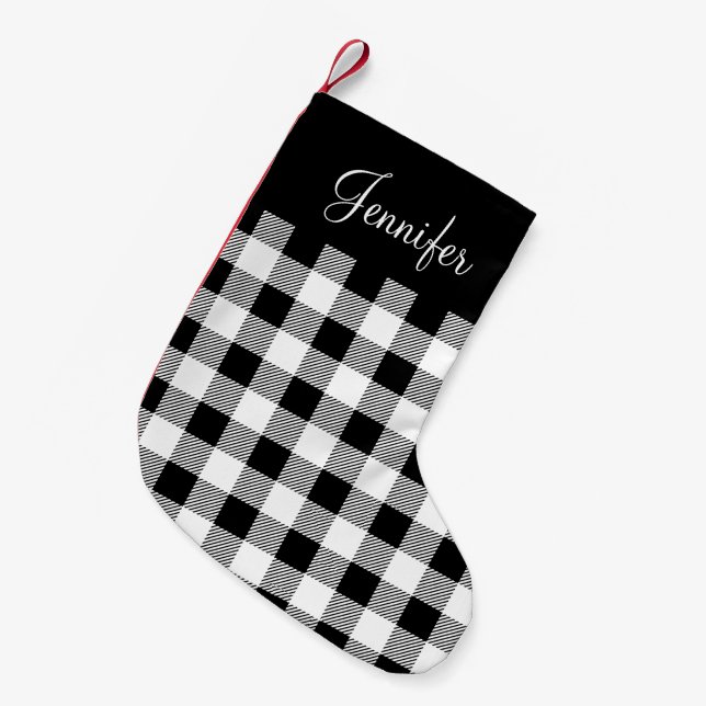 Black & White Farmhouse Buffalo Plaid Pattern Small Christmas Stocking (Front (Hanging))