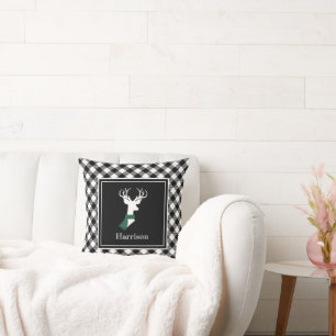 Black White Farmhouse Plaid Chic Deer Personalised Cushion