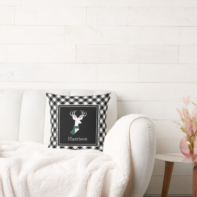 Black White Farmhouse Plaid Chic Deer Personalised Cushion (Couch)