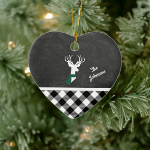 Black White Farmhouse Plaid Deer Chalkboard Name Ceramic Tree Decoration