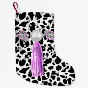 Black & White Faux Animal Print JewelsPurpleTassel Small Christmas Stocking