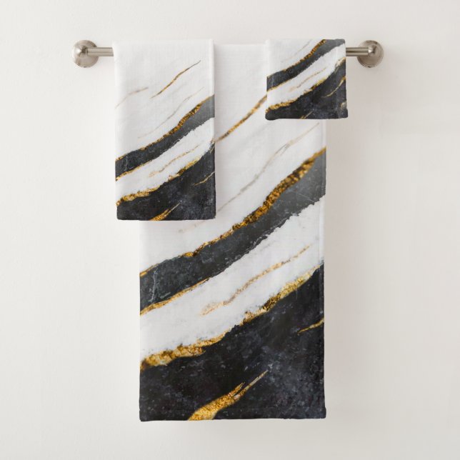 Black White Faux Gold Foil Marble Patterned Bath Towel Set (Insitu)