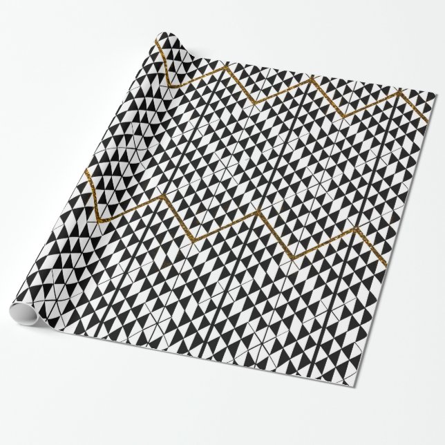 Black white faux gold glitter abstract patternfaux wrapping paper (Unrolled)