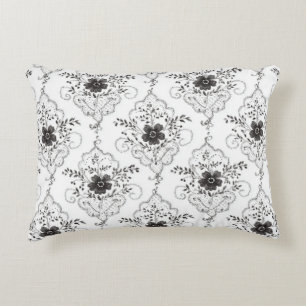 Black White Faux Lace Flowers Decorative Cushion