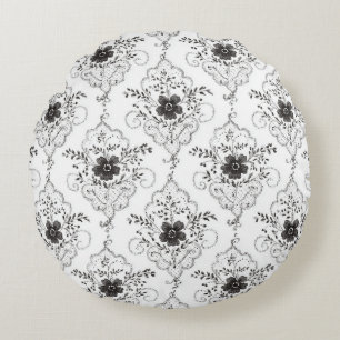 Black White Faux Lace Flowers Round Cushion