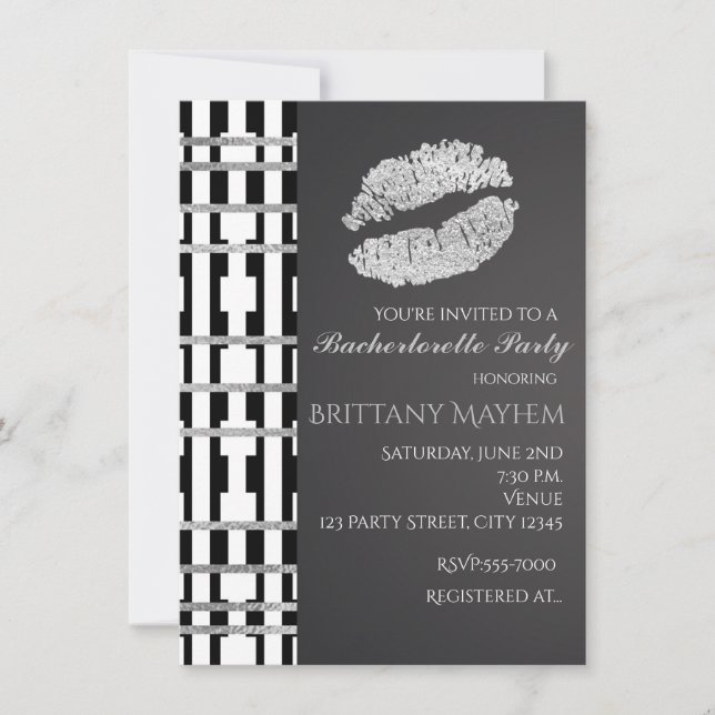 Black White & Faux Silver Beauty Lips Kiss Party Invitation (Front)