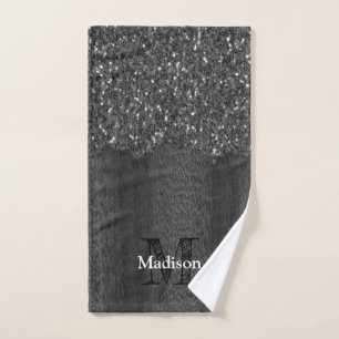 Black white faux sparkles rustic wood Monogram Bath Towel Set
