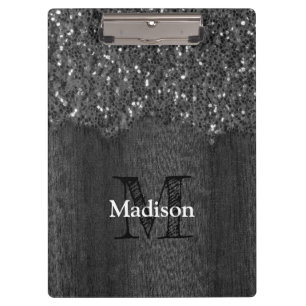 Black white faux sparkles rustic wood Monogram Clipboard