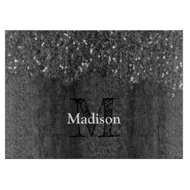 Black white faux sparkles rustic wood Monogram Cutting Board (Front)
