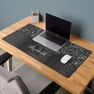 Black white faux sparkles rustic wood Monogram Desk Mat
