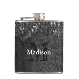 Black white faux sparkles rustic wood Monogram Hip Flask