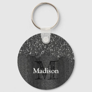 Black white faux sparkles rustic wood Monogram Key Ring