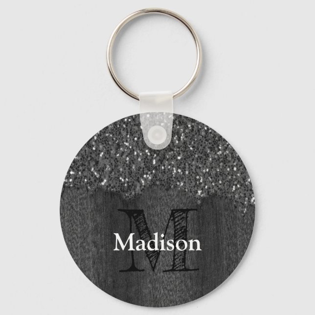 Black white faux sparkles rustic wood Monogram Key Ring (Front)