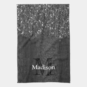 Black white faux sparkles rustic wood Monogram Tea Towel