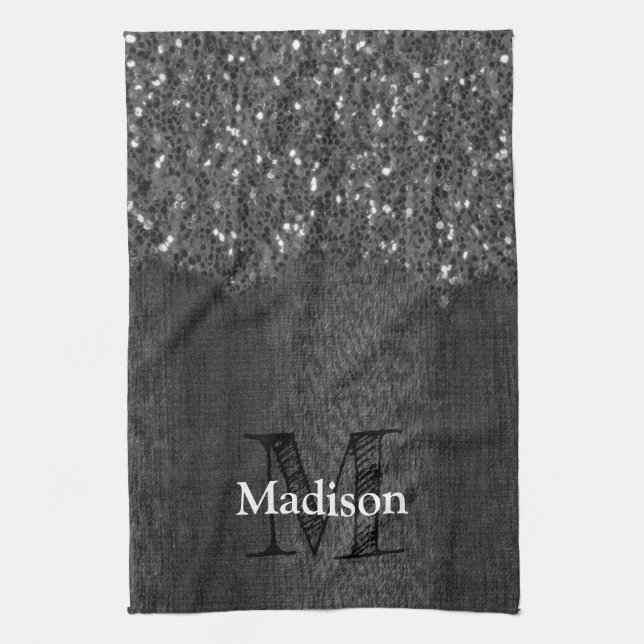 Black white faux sparkles rustic wood Monogram Tea Towel (Vertical)