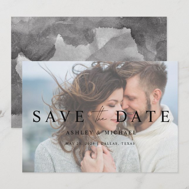 Black & White Faux Vellum Overlay  Photo Wedding Save The Date (Front/Back)