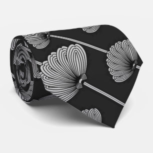 Black & White Feathered Floral Fans Pattern Tie