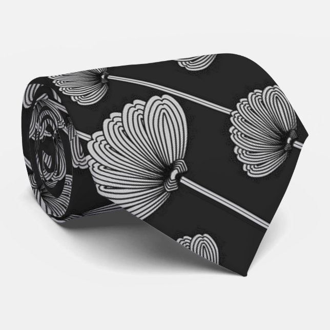 Black & White Feathered Floral Fans Pattern Tie (Rolled)