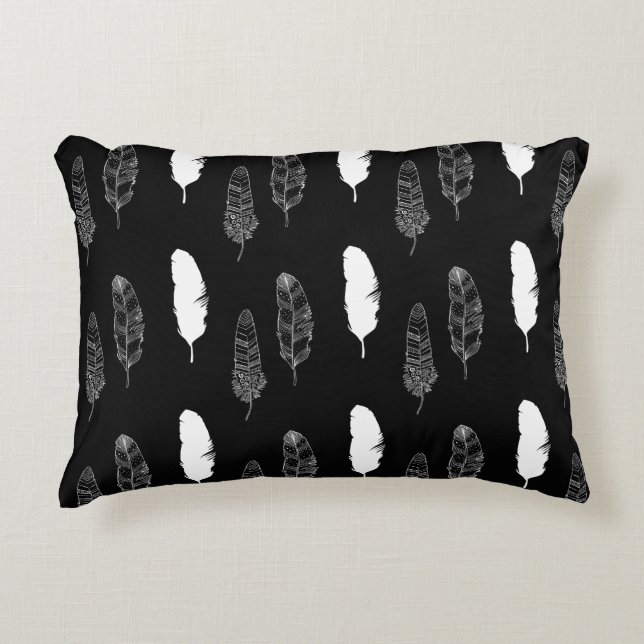Black White Feathers Decorative Cushion (Front)