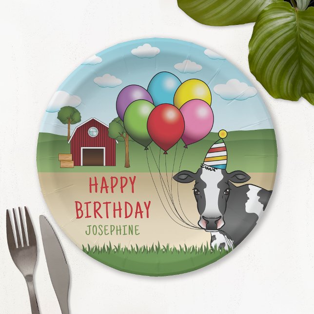 Black White Festive Cow Barnyard Kid's Birthday Paper Plate (Creator Uploaded)