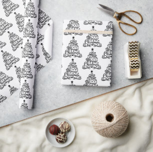 Black & White Festive Merry Christmas Tree Pattern Wrapping Paper